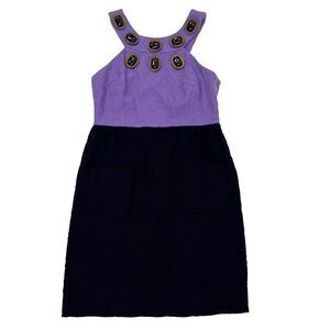 Original Milly New York VTG Wood Beaded Halter Sheath Dress  Size 4  Purple Navy